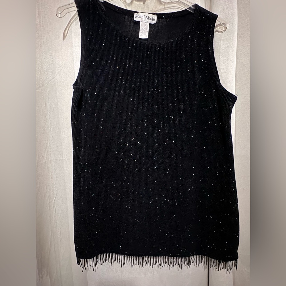 Ronni Nicole Black Sleeveless Beaded Fringe Top